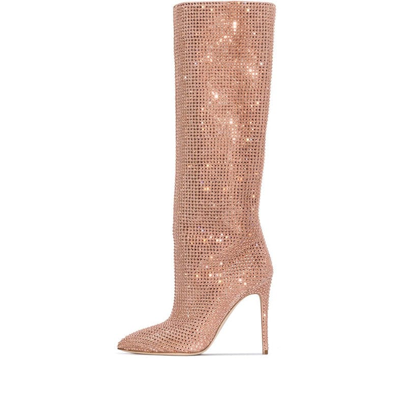 43 / nude PDEP luxury pointed toe designer women rhinestone boots 2022 shining crystal over the knee high thin heel boots for ladies