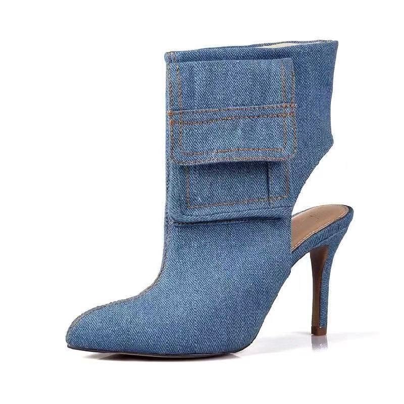43 / short BUSY GIRL Over Knee Boots for Women Blue Denim Fabric 43 Open Thin High Heels Pockets Autumn Ankle Boots Thigh High Long Boots
