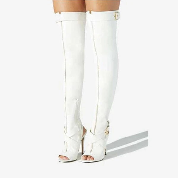 43 / White Front Zipper Women Stretchy Thigh High Boots Summer Cross Belt Buckle Long Booties Over Knee Peep Toe High Heel Camouflage Shoes