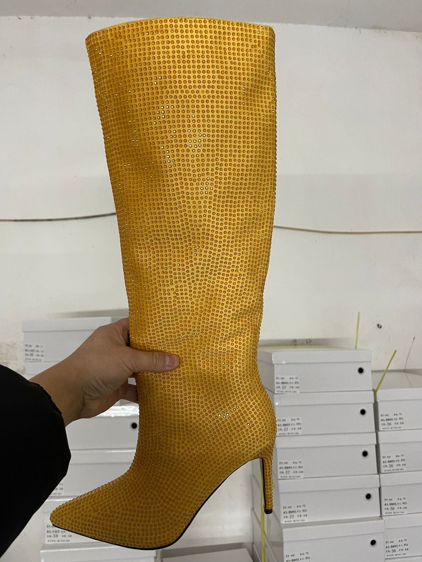 43 / Yellow PDEP luxury pointed toe designer women rhinestone boots 2022 shining crystal over the knee high thin heel boots for ladies