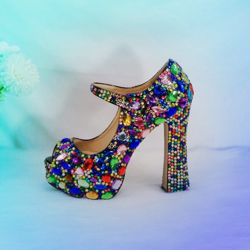 45 / shoes TX fashion chunky large size high heels color rhinestone wedding shoes fish mouth bag shoes women
