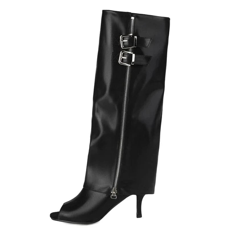 48 / Black Large Size 48 Sexy Thin High Heels Peep Toe Shoes Side Zipper Stiletto Summer Pants Boots Women's Metal Belt Knee High Booties