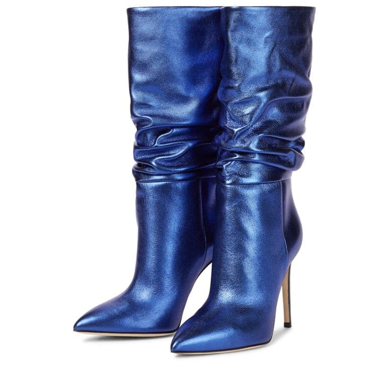 48 / Blue Leather Look Pointed Blue Thin Heeled Boots Microfiber Leather High Quality Pull On Knee High Boots for Ladies Big Size 48