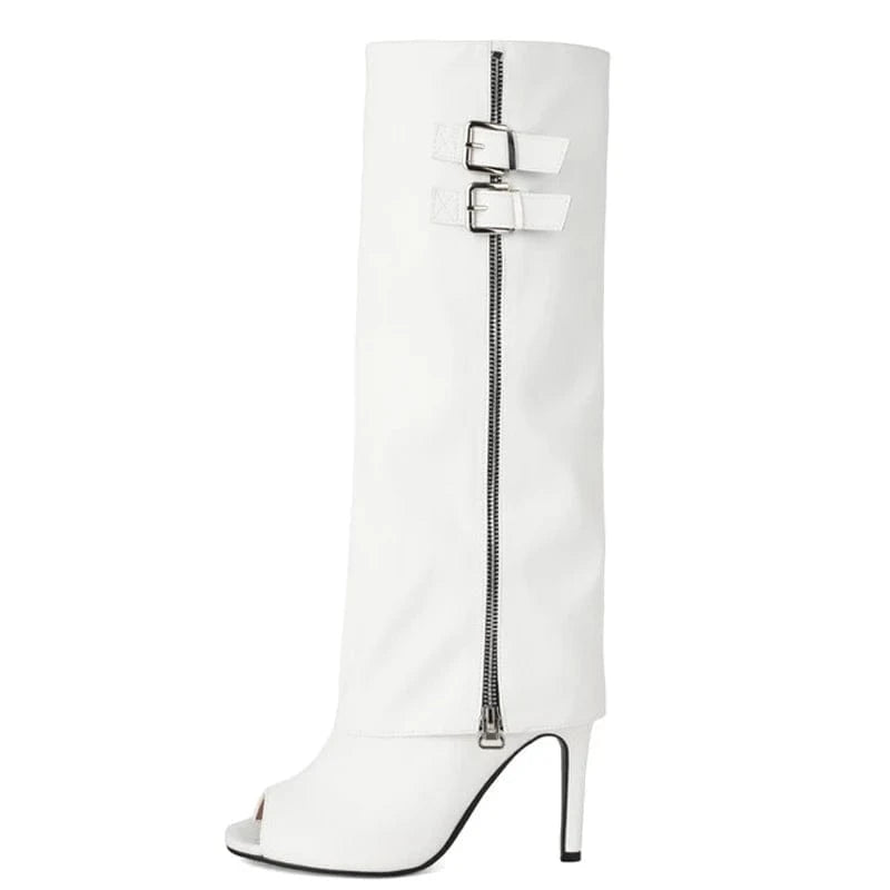 48 / White Large Size 48 Sexy Thin High Heels Peep Toe Shoes Side Zipper Stiletto Summer Pants Boots Women's Metal Belt Knee High Booties