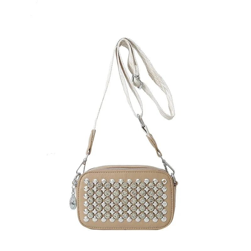4890 Khaki Camera Shaped Trend Rivets Rhinestone Square Bag Chain Shoulder Bag Luxury Design Shoulder Crossbody Bag Diamond Coin Purse