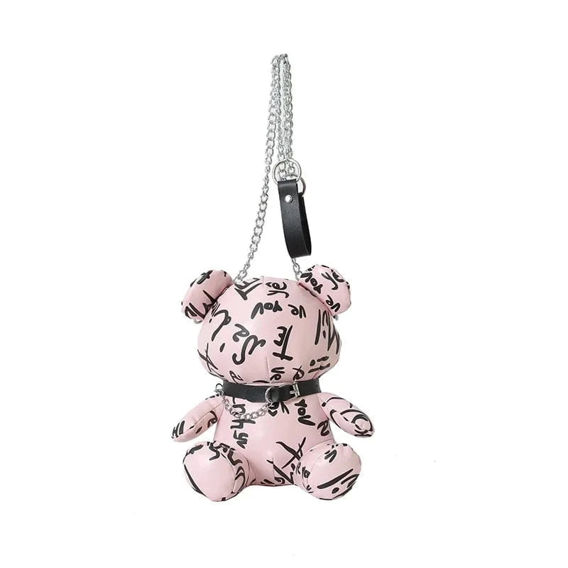 4929 Pink Bear Shape Crossbody Bag For Women Letters Printed Cute Fashion Doll Shoulder Bags Chain Animal Handbag Party Pocket Mini Purse