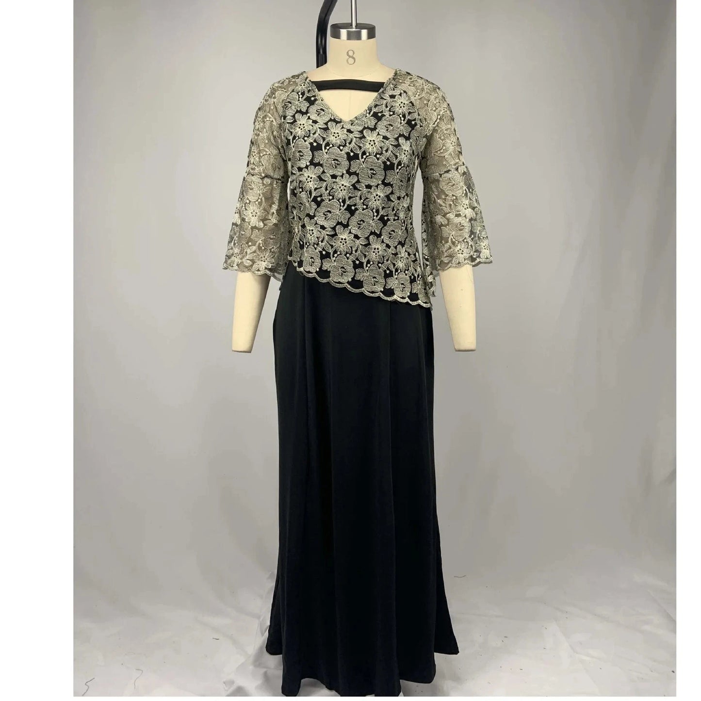 4XL / Black Half Flare Sleeves V Neck Elegant Lace Plus Size Women Mermaid Dresses