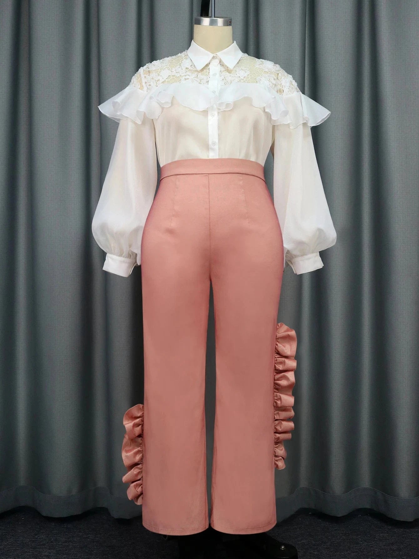 4XL / White Customize Plus Size Shinny Pant Lace Shirt Women Career Two Pieces Set