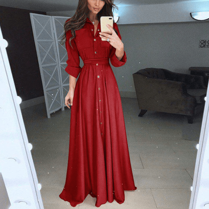 5 colors 8 yards ladies party slim dresses female long-sleeved button dress lace up long dress for women