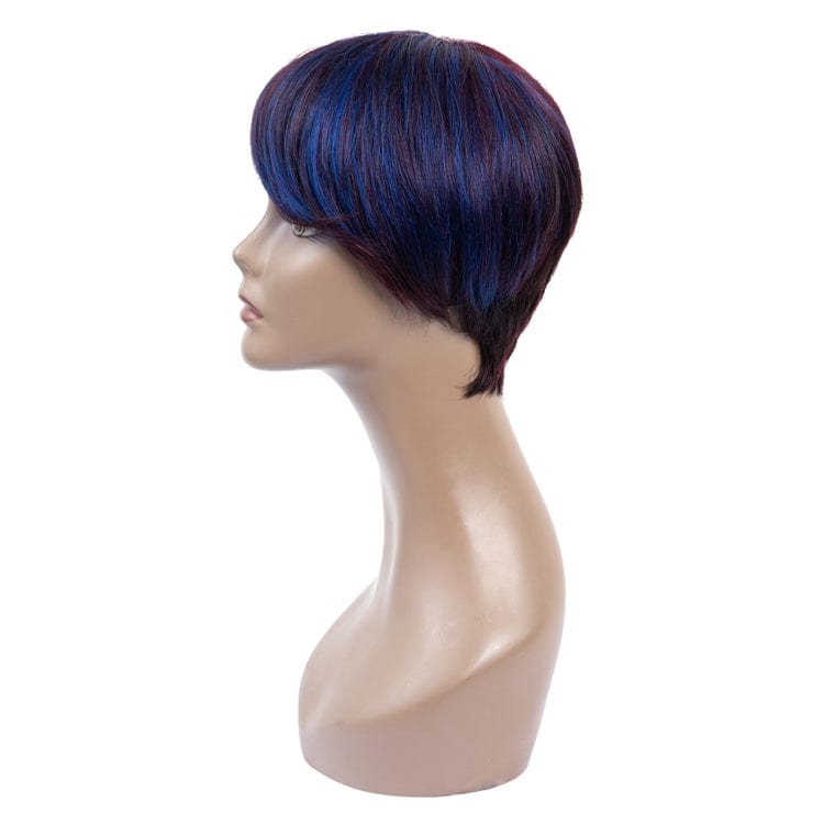 5 inches / #P1b/99J/Blue Women 5 Inches Young Girl Virgin Hair Wig Three Tone P Color Multicolor Bangs Short Straight Wigs