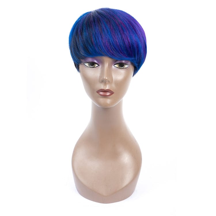 5 inches / #P1b/Blue/Purple Women 5 Inches Young Girl Virgin Hair Wig Three Tone P Color Multicolor Bangs Short Straight Wigs