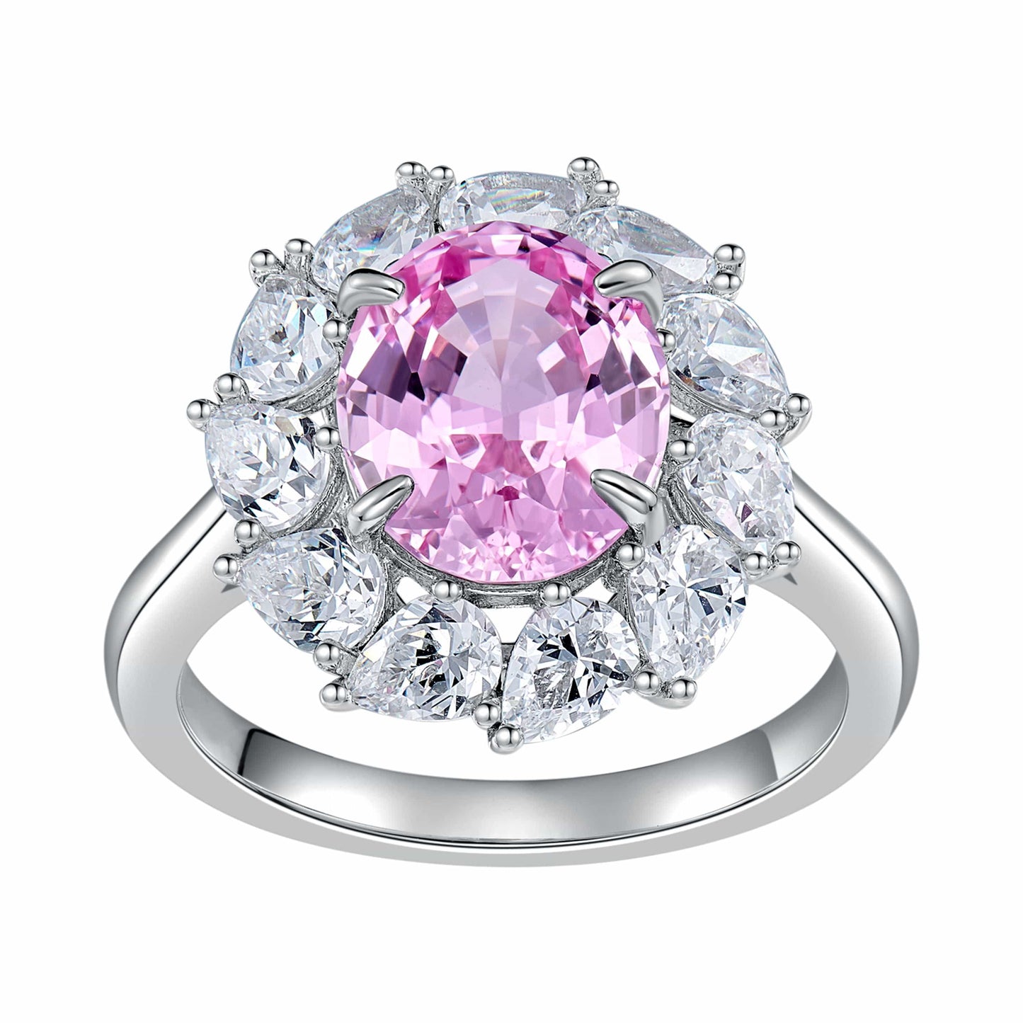 5 / White gold Rochime flower cluster lab grown padparadscha pink gemstone rings 925 sterling silver gold plated trendy jewelry for women