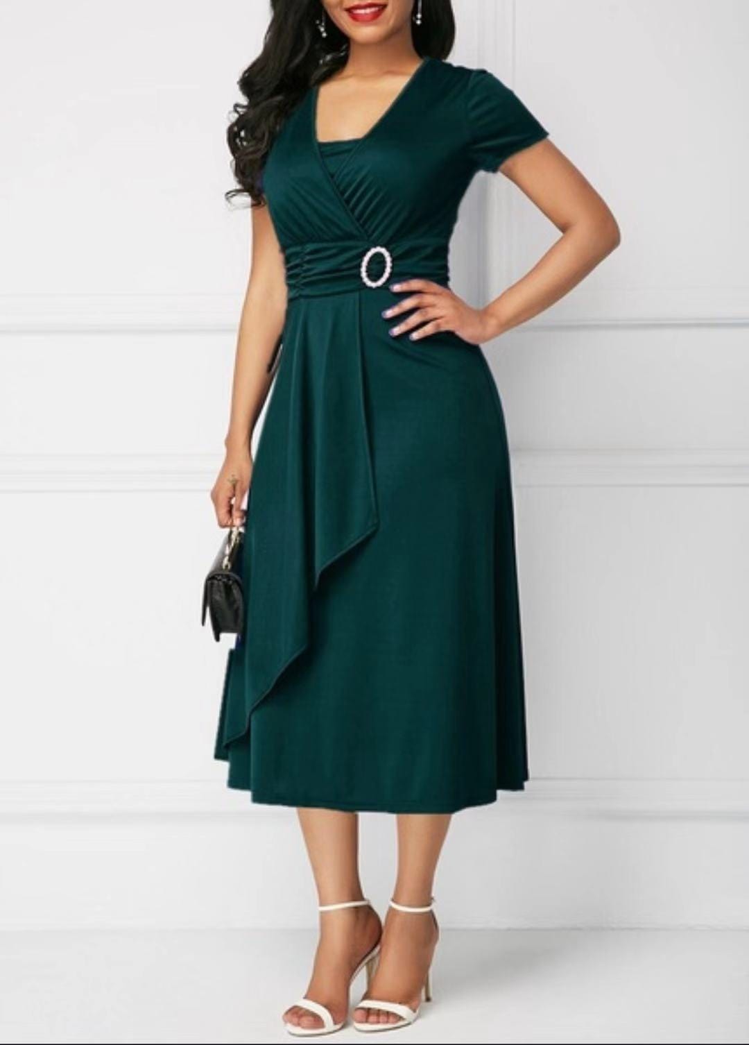 5 XL / Army Green Retro Women High Waist Irregular Midi Dresses Summer Fashion V-neck Short Sleeve A-line Party Dress Elegant Office Lady