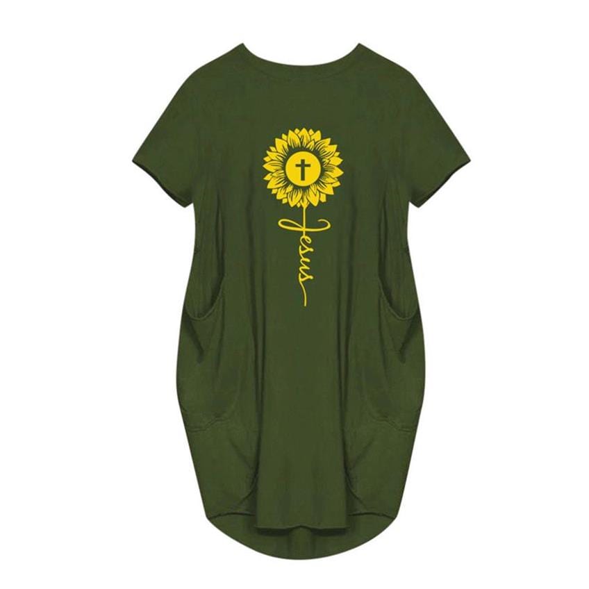 5 XL / Army Green Sunflower Print Plus Size Dresses For Women Ladies Oversized Short Sleeve Pocket Mini Dress Casual Loose Summer Faith JesusCross