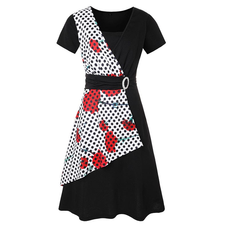 5 XL / Black and white Retro Women High Waist Irregular Midi Dresses Summer Fashion V-neck Short Sleeve A-line Party Dress Elegant Office Lady