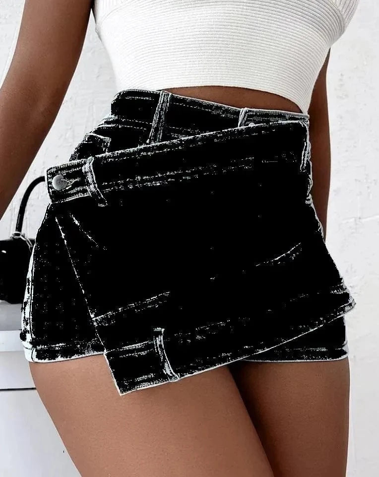5 XL / Black Plus size women's A- line High waist Irregular Wide-leg pants Women's Summer Korean style Slimming Women's Denim shorts