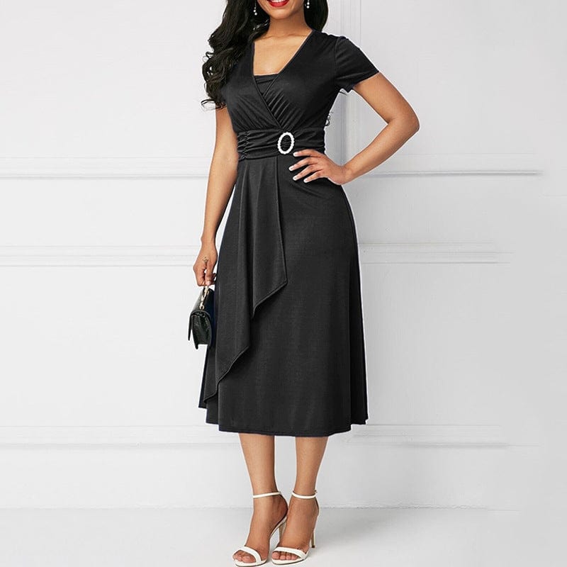 5 XL / black Retro Women High Waist Irregular Midi Dresses Summer Fashion V-neck Short Sleeve A-line Party Dress Elegant Office Lady