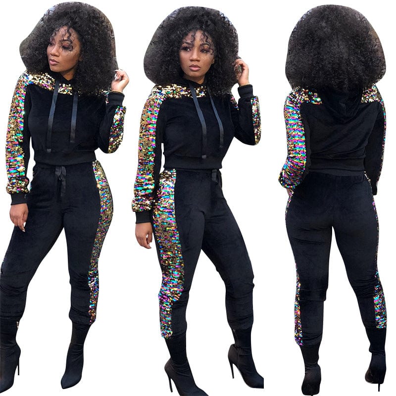 5 XL / black Sequin velvet stitching fashion casual plus size women's two-piece suit