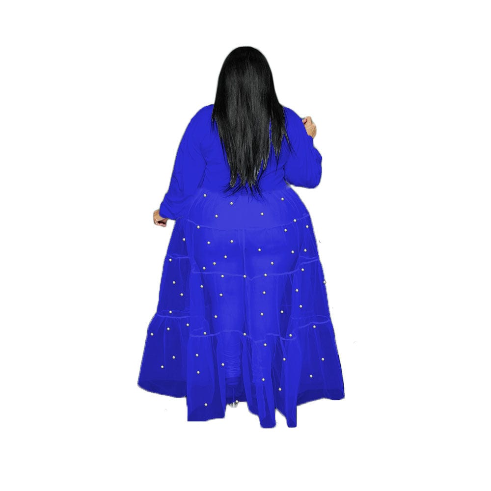 5 XL / Blue C1102ME20 Wholesale Plus Size Casual Solid Color Sheer Mesh Beaded Shirt Dress Women Sehe Fashion