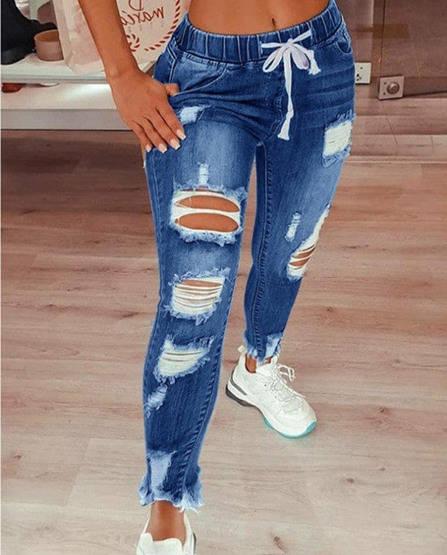 5 XL / Blue Drop Ship Plus Size Fashion Designer Baggy Female Blue Distressed Ripped Jeans Trouser High Quality Jean For Women