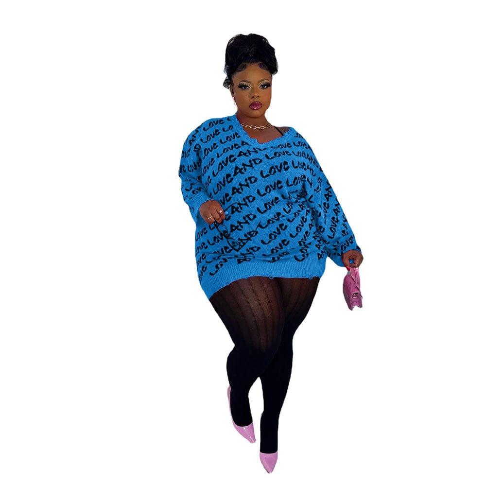 5 XL / Blue Plus Size Sweaters For Women 5xl Women Clothing 2022 Autumn Winter Fashion Knit Tops Letter V Neck Oversized Pullover Sweater