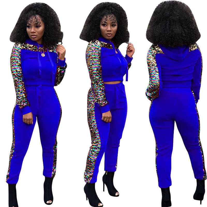 5 XL / Blue Sequin velvet stitching fashion casual plus size women's two-piece suit