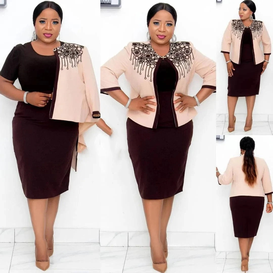5 XL / Brown Plus size elegant suit women lady office church skirt and coat suits for ladies formal
