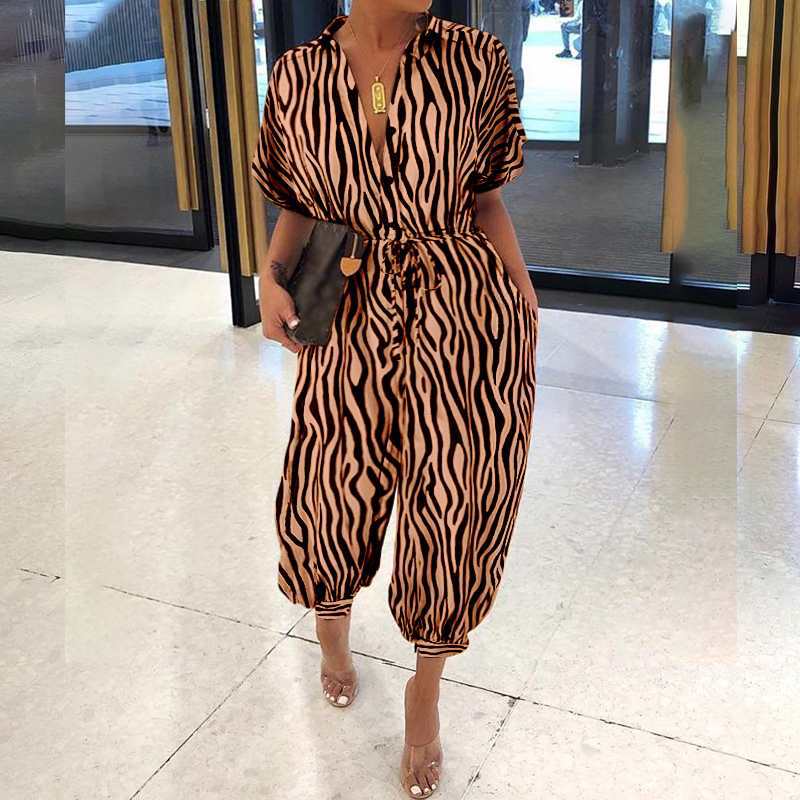 5 XL / Brown Zebra 2022 Summer Women Cargo Romper Jumpsuits Fashion Casual Short Sleeve Plus Size Loose Cargo Jumpsuit with Pockets