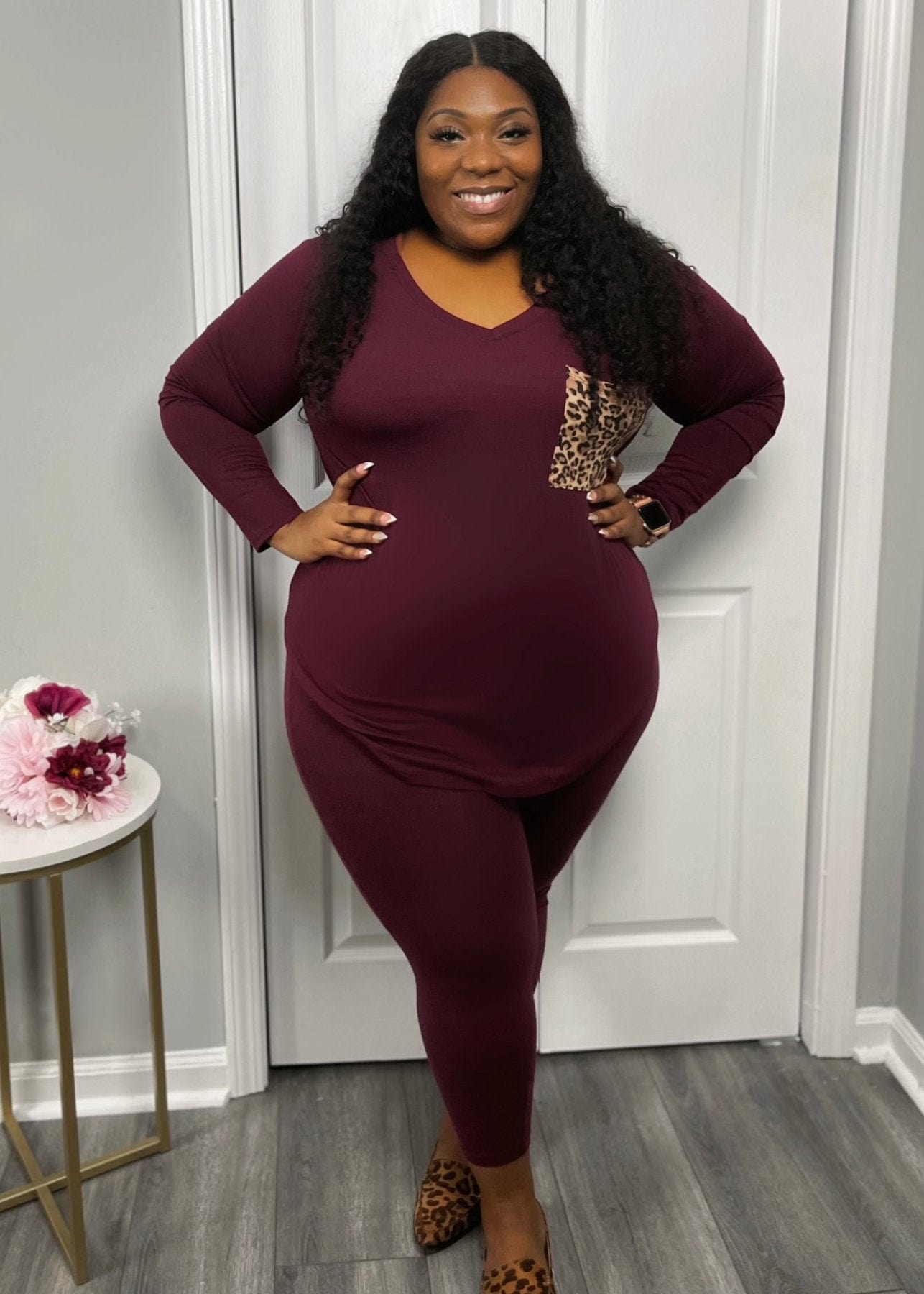 5 XL / Burgundy KC 2022 fall and winter women plus size Leopard pocket 2 piece jogging set clothing