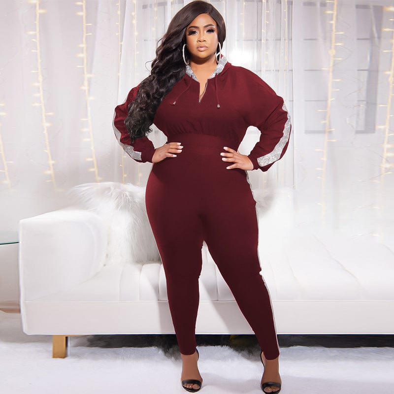 5 XL / Burgundy KC women's fashion plus size two piece sweatpants hoodie and pants set
