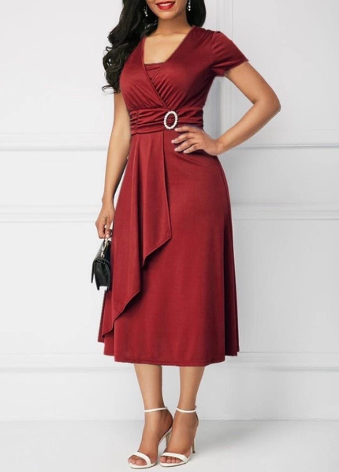 5 XL / Burgundy Retro Women High Waist Irregular Midi Dresses Summer Fashion V-neck Short Sleeve A-line Party Dress Elegant Office Lady