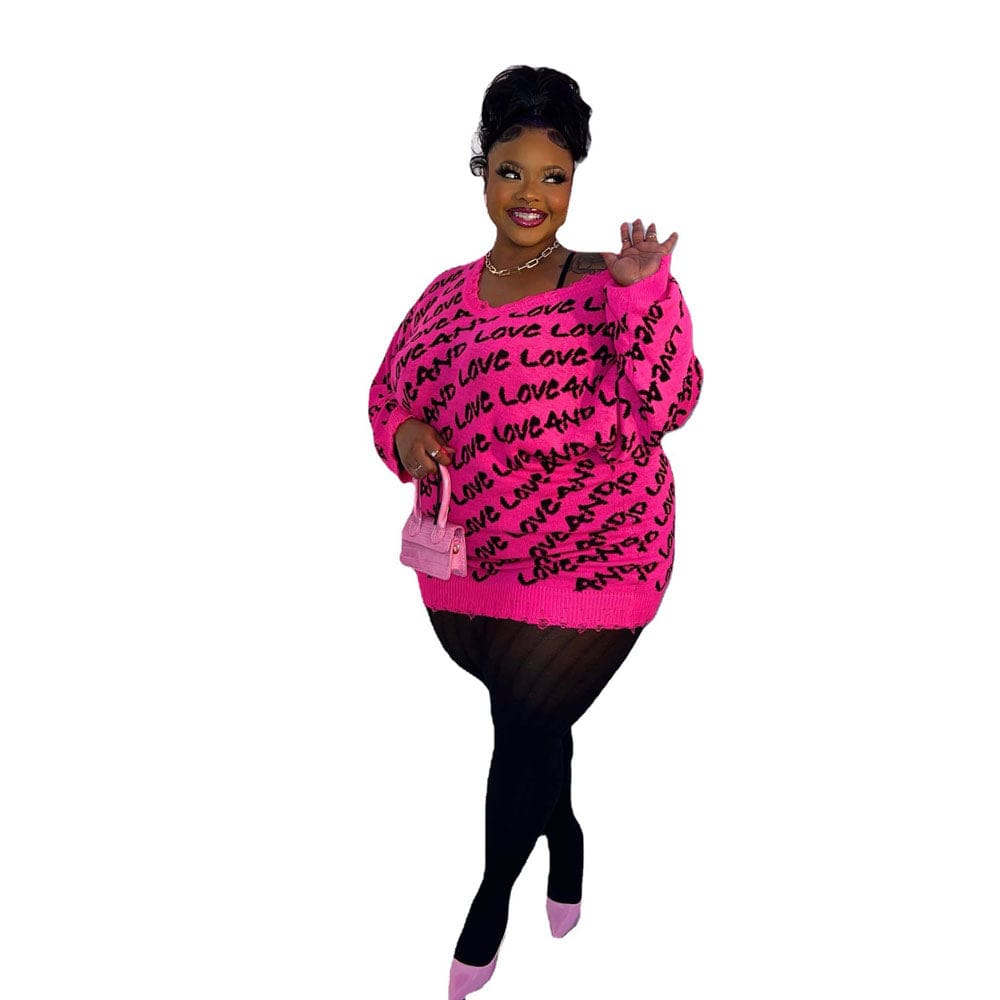 5 XL / Fuchsia Plus Size Sweaters For Women 5xl Women Clothing 2022 Autumn Winter Fashion Knit Tops Letter V Neck Oversized Pullover Sweater