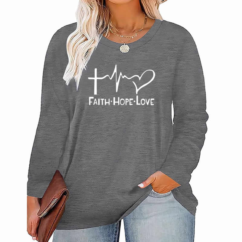 5 XL / Gray faith Hope Love pattern Plus Size Women's Top Autumn X-Large-5X-Large woman clothes y2k t shirt oversized long sleeve tshirt