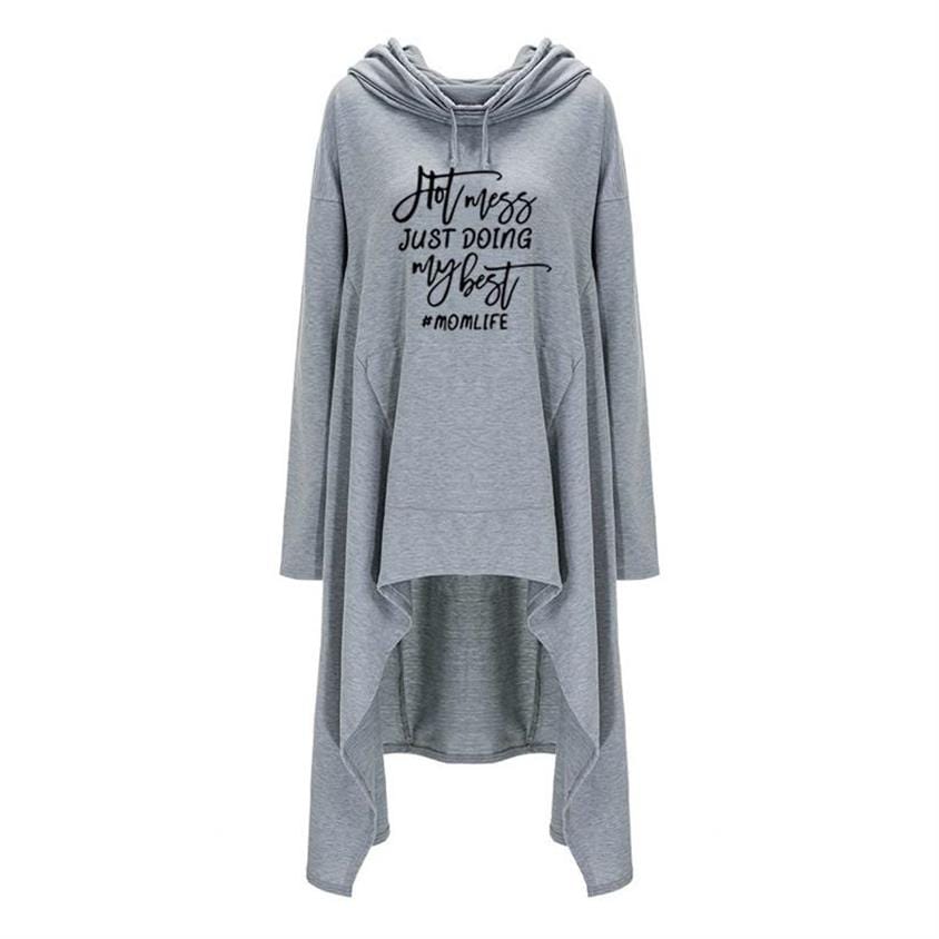 5 XL / Gray Hotmess Just Doing My Best Momlife Letters Print Long Irregular Hoodies For Women Sweatshirts Femmes Women Print Funny Plus Size