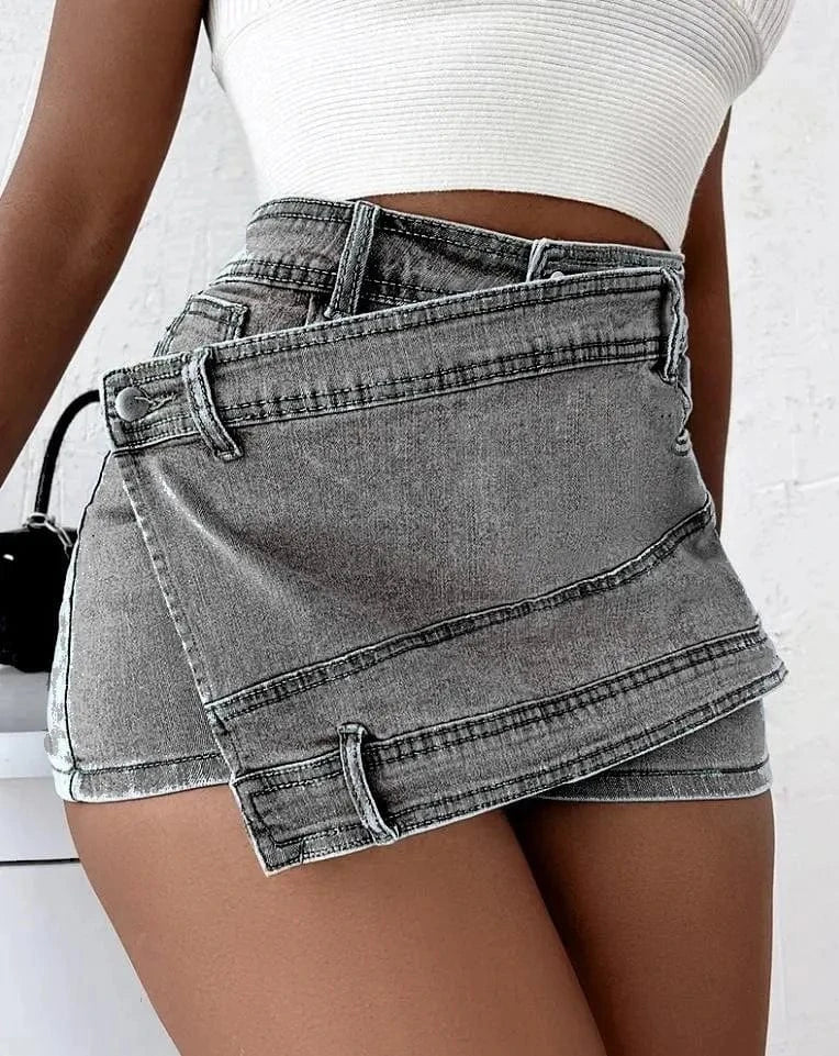 5 XL / Gray Plus size women's A- line High waist Irregular Wide-leg pants Women's Summer Korean style Slimming Women's Denim shorts
