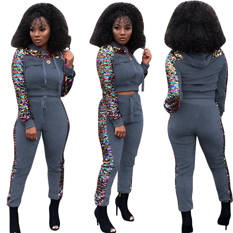 5 XL / Gray Sequin velvet stitching fashion casual plus size women's two-piece suit