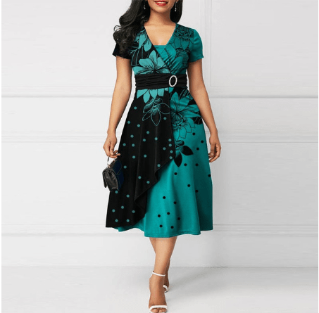 5 XL / Green black Retro Women High Waist Irregular Midi Dresses Summer Fashion V-neck Short Sleeve A-line Party Dress Elegant Office Lady