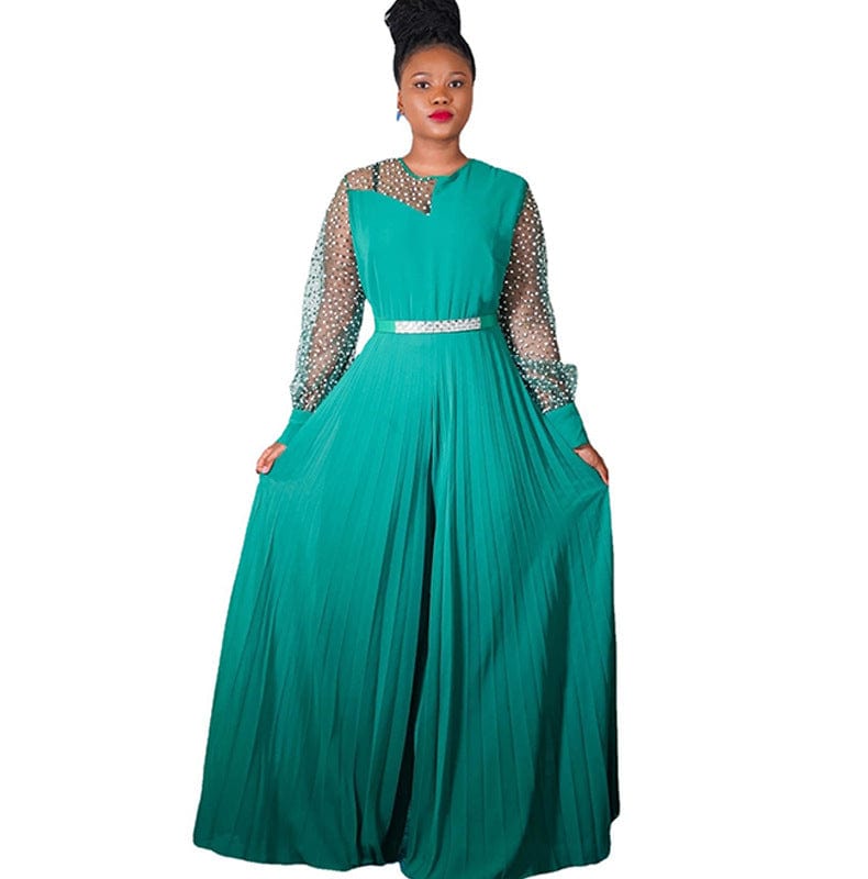 5 XL / green CFA6540 African Plus Size Jumpsuits For Women Polka Dot Mesh Sleeve Hight Waist Wide Leg Pleated Jumpsuit One Piece Jumpsuit