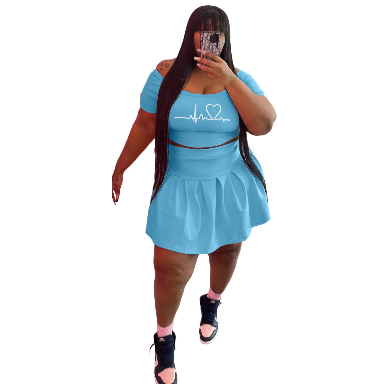 5 XL / Light Blue Z88303 New arrivals Plus size Sexy women Print summer two piece off shoulder Short sleve skirt set