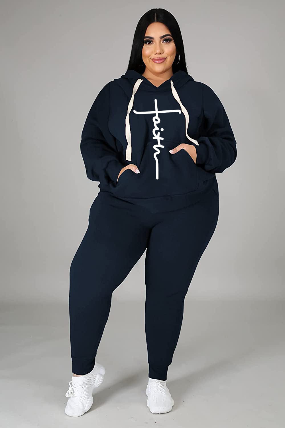 5 XL / NAVY Fashion 5Xl Plus Size Faith Set 2 Piece Casual Hoodie Sweatshirt And Joggers Fall Outfits 2022 Women Clothing