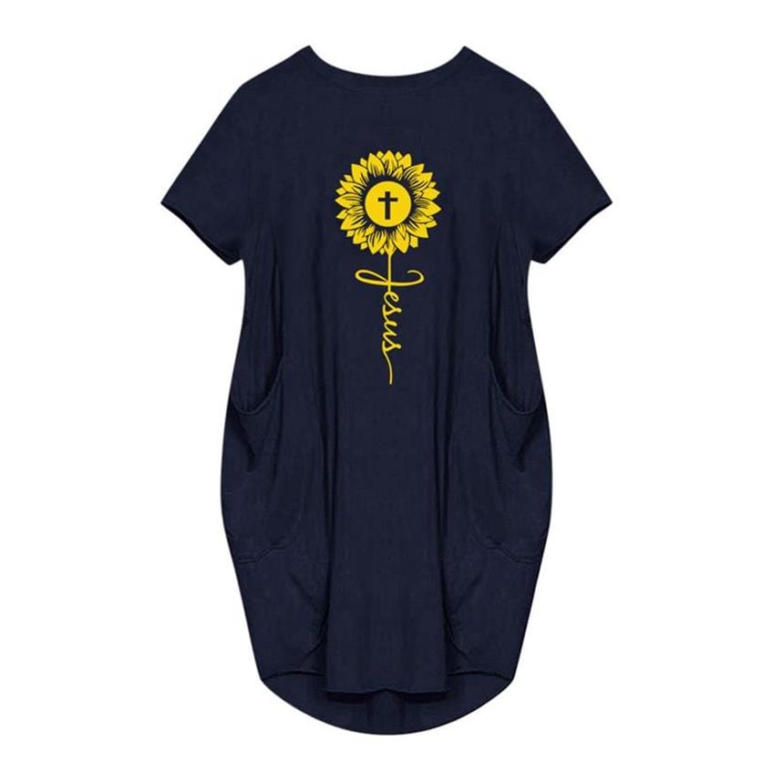 5 XL / NAVY Sunflower Print Plus Size Dresses For Women Ladies Oversized Short Sleeve Pocket Mini Dress Casual Loose Summer Faith JesusCross
