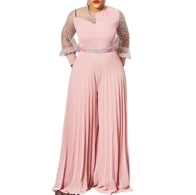5 XL / Pink CFA6540 African Plus Size Jumpsuits For Women Polka Dot Mesh Sleeve Hight Waist Wide Leg Pleated Jumpsuit One Piece Jumpsuit