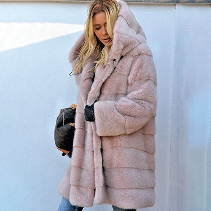5 XL / Pink mid-length solid color loose plush hooded coat faux fur autumn and winter warm coat
