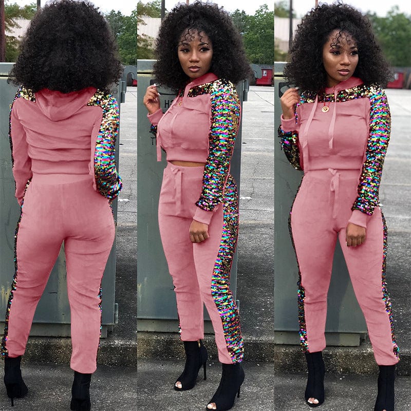 5 XL / Pink Sequin velvet stitching fashion casual plus size women's two-piece suit