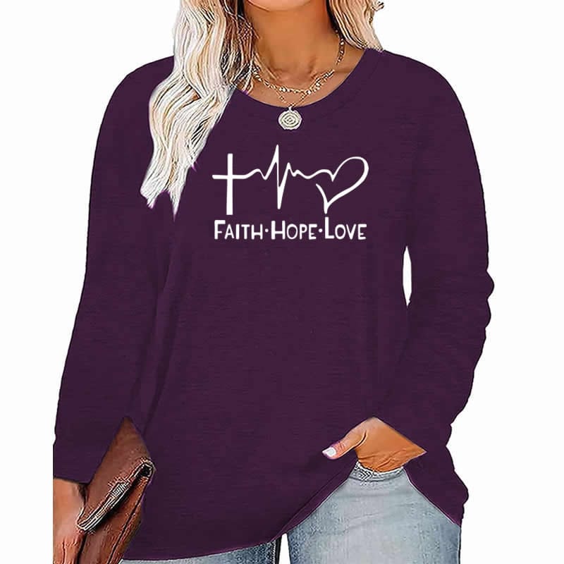 5 XL / Purple faith Hope Love pattern Plus Size Women's Top Autumn X-Large-5X-Large woman clothes y2k t shirt oversized long sleeve tshirt
