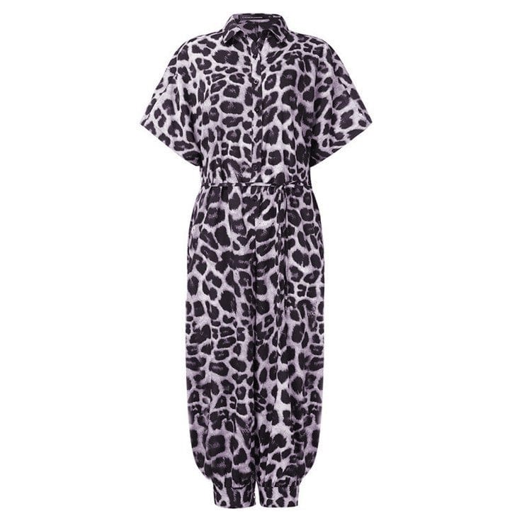 5 XL / Purple Leopard 2022 Summer Women Cargo Romper Jumpsuits Fashion Casual Short Sleeve Plus Size Loose Cargo Jumpsuit with Pockets