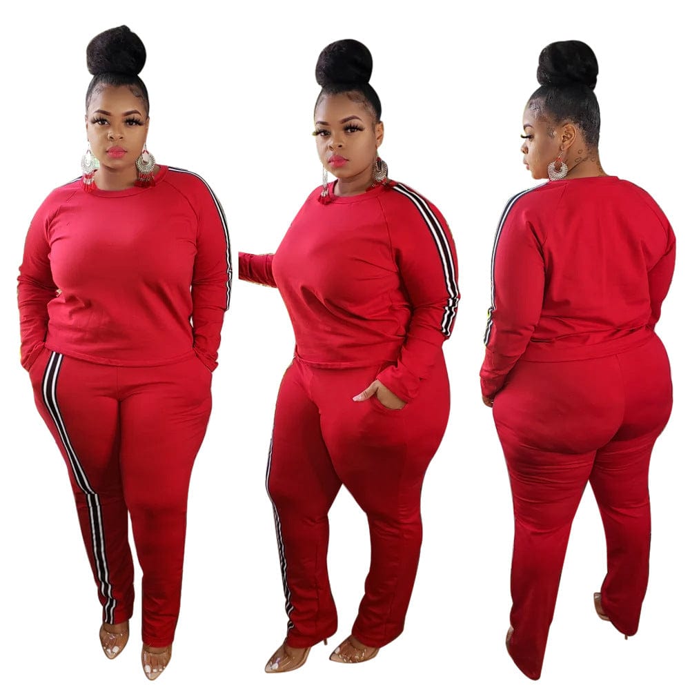 5 XL / Red Fashion Fall and winter casual women sportswear long-sleeved trousers solid color striped plus size 5XL sports suit