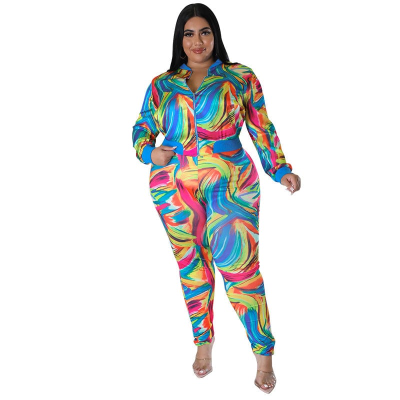 5 XL / Rose Red C1103ME45 Plus Size Casual Tie Dye Zipper Slim Sport 2 Piece Pants Set Women Sehe Fashion