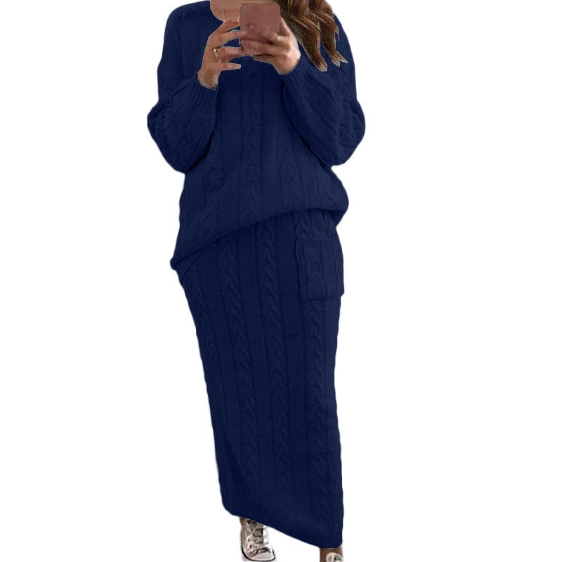 5 XL / Royal blue S-5XL Plus Size Women Clothing Lady Sweater 2 Pieces Set Casual Oversized Cable Knit Two Piece Sweater Skirt Dress Set Women