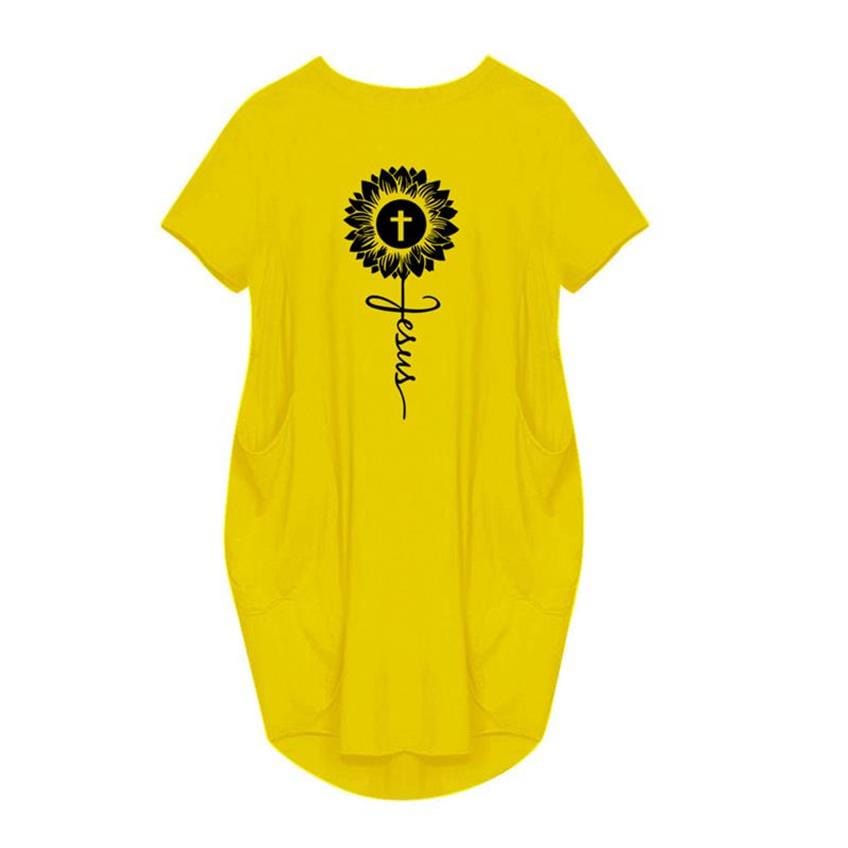 5 XL / Yellow Sunflower Print Plus Size Dresses For Women Ladies Oversized Short Sleeve Pocket Mini Dress Casual Loose Summer Faith JesusCross